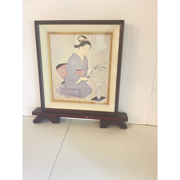 VTG Japanese Wall Decor Art Print Kimono Ikebana Flowers Framed Geisha Sign Seal - Picture 7 of 13